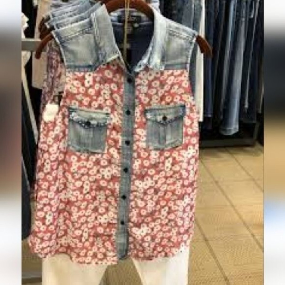 Papillon‎ Floral Blue Jean Sleeveless Sz. XL Casual Button Down Blouse Tunic